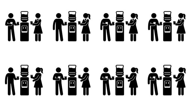 Huit illustrations de personnes, hommes et femmes, interagissant autour d'une fontaine &agrave; eau dans un bureau, symbolisant les pauses caf&eacute; et les discussions informelles.