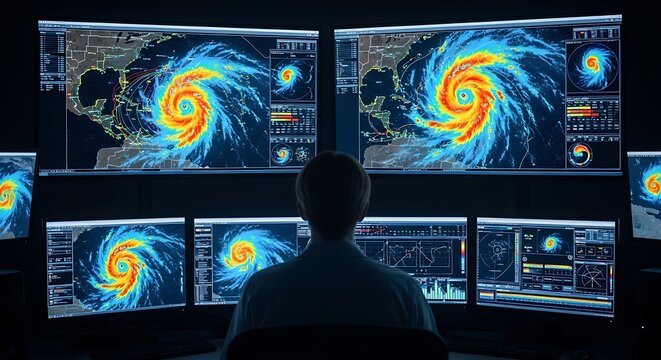 A person monitors multiple screens displaying hurricane weather maps in a dark room