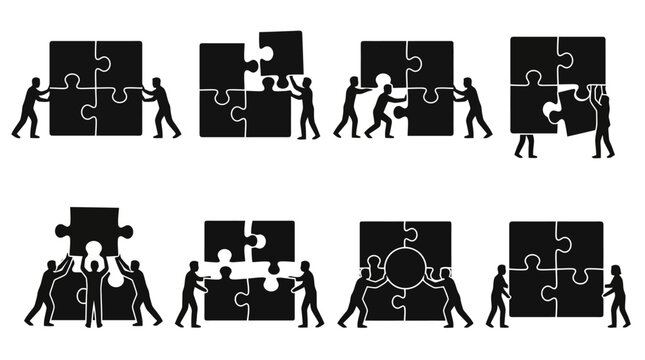 Menschen bauen Puzzleteile zusammen, um ein Ganzes zu bilden, symbolisiert Teamarbeit und Probleml&ouml;sung.