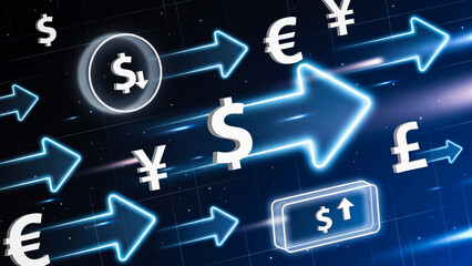Arrows depict currency exchange between USD, EUR, GBP, and JPY, symbolizing global finance.