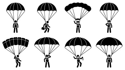 Acht Piktogramme von Fallschirmspringern, die verschiedene Aktionen und Posen beim Fallschirmspringen darstellen. © Insa Batool