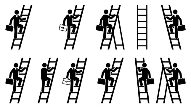 Gesch&auml;ftsleute klettern auf Leitern, symbolisieren Karriereaufstieg und berufliche Herausforderungen.