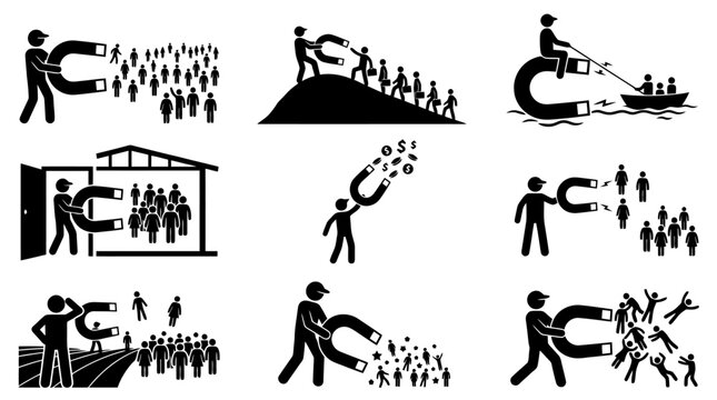 Illustrations de b&acirc;tonnets montrant des personnes utilisant des aimants g&eacute;ants pour attirer des foules, des clients ou de l'argent, symbolisant l'attraction et l'influence.