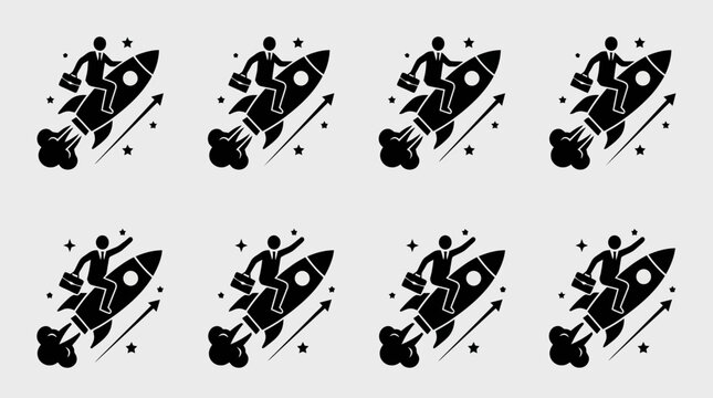 Gesch&auml;ftsmann auf Rakete fliegt nach oben, Symbol f&uuml;r Erfolg und schnelles Wachstum im Unternehmen.