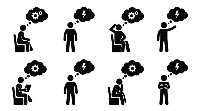 Verschiedene Piktogramme von Personen, die nachdenken oder Ideen haben, dargestellt mit Zahnrad- und Blitzsymbolen in Gedankenblasen.