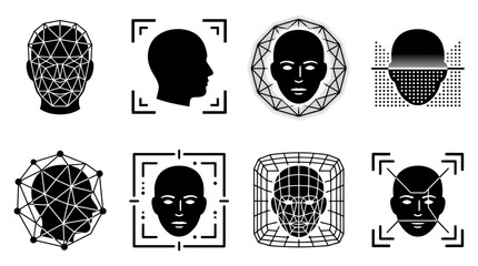 Acht Schwarz-Weiß-Icons, die verschiedene Aspekte der Gesichtserkennungstechnologie, biometrische Scans und digitale Identifikation darstellen. © Insa Batool