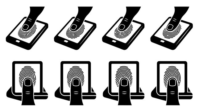 Illustrationen von Fingern, die auf Smartphone-Bildschirme dr&uuml;cken, um Fingerabdr&uuml;cke zu scannen und biometrische Authentifizierung zu demonstrieren.