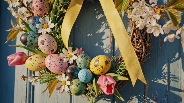 Decorative easter wreath with painted eggs hanging on blue door
