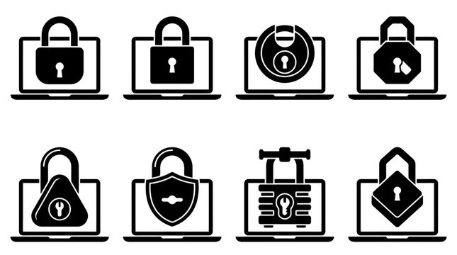 Eine Reihe von acht Laptop-Symbolen, die jeweils ein Vorh&auml;ngeschloss f&uuml;r Cybersicherheit und Datenschutz darstellen.
