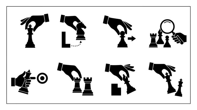 Piktogramme f&uuml;r Schachz&uuml;ge: Eine Hand demonstriert verschiedene Bewegungen und Aktionen mit Schachfiguren wie K&ouml;nig, Springer, Bauer, Turm, L&auml;ufer und Dame, einschlie&szlig;lich Schlagen und Untersuchen.