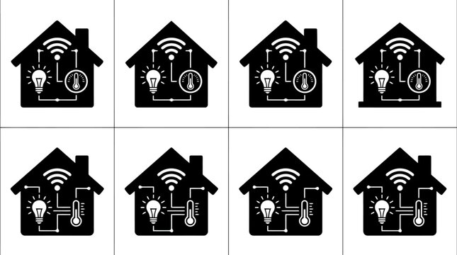 Smart Home Technologie Icons: Eine Reihe von H&auml;usern mit WLAN, Gl&uuml;hbirnen und Thermometern, die intelligente Steuerung darstellen.