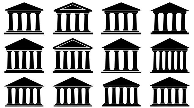 Sammlung von zw&ouml;lf schwarzen Silhouetten klassischer Geb&auml;ude mit S&auml;ulen und Giebeln, die Tempel oder &ouml;ffentliche Bauten darstellen.