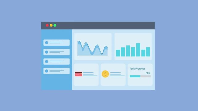 Animated data analytics dashboard interface with charts, graphs, and warning indicator icon. Flat vector motion design representing system monitoring, alert signals, and business analytics panel.