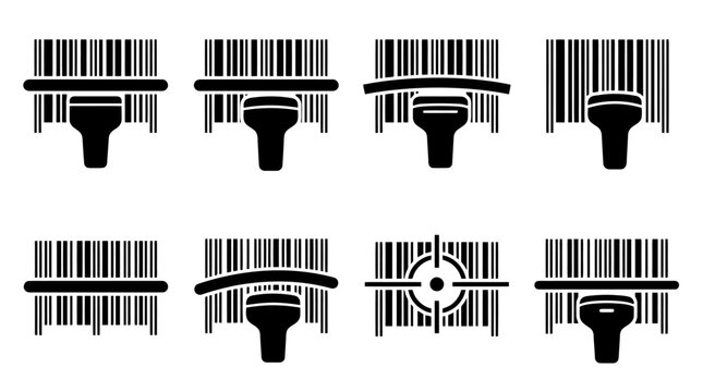 Verschiedene Barcode-Scanner-Icons zeigen den Scanvorgang und die Erkennung von Produktcodes.