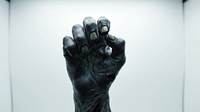 Dark clawed hand reaching from a stark, bright background