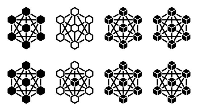 Verschiedene geometrische Muster und abstrakte Symbole mit Sechsecken und W&uuml;rfeln in Schwarz-Wei&szlig;-Darstellung.