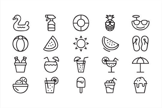 Summer holiday outline icon pack, sun sunglasses flip flops beach ball cocktail ice cream watermelon coconut float and seaside leisure symbols for travel and tourism graphics