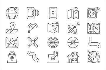 Fototapeta premium Navigation route planning icons collection, compass map pin satellite signal GPS radar target smartphone and location direction symbols for mapping apps travel navigation systems
