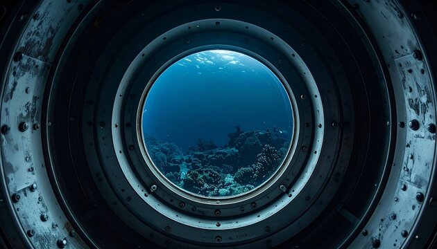 Underwater world through a submarine porthole - Exploring the ocean depths.