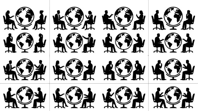 Repeated graphic of silhouetted people discussing global issues around a globe, symbolizing international communication and business meetings.