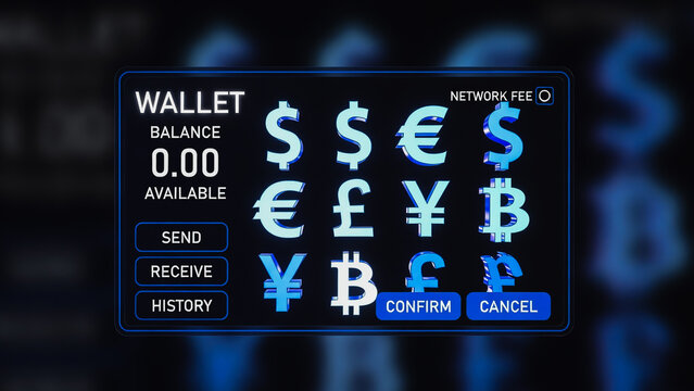 A digital wallet displays zero balance with various currency symbols and buttons. It features a dark background and blue text.