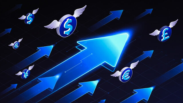 A bright blue arrow surges forward, propelled by currency symbols with wings. Arrows surround it, indicating growth.