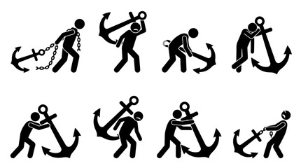 A series of stick figures illustrating various interactions with a heavy anchor, symbolizing burden, struggle, and effort. © Insa Batool
