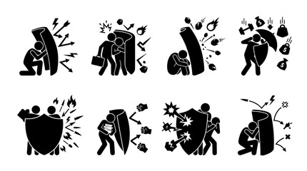 Obraz premium Set of stick figures using shields to protect themselves from various threats and problems, illustrating concepts of defense and security.
