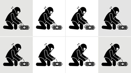 A stick figure person crouching down and playing a handheld video game console. © Insa Batool