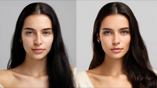 Woman's face before and after, problematic skin, acne, pimples, visible pores, then clear complexion, professional skin care, therapeutic treatment, foundation makeup