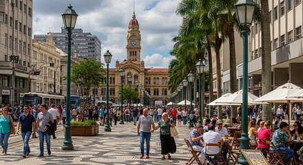 Bustling City Square With Clock Tower Palm Trees and Outdoor Cafe