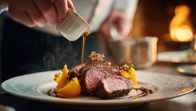 Chef Drizzling Sauce Over Perfectly Cooked Steak Dinner.