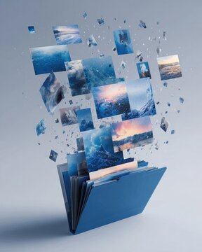 Digital Photo Management - Images Bursting from a Blue Folder.