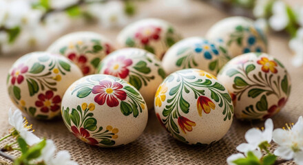 Fototapeta premium Close up of hand painted Easter eggs with floral patterns on burlap. Traditional spring holiday decoration with white blossoms
