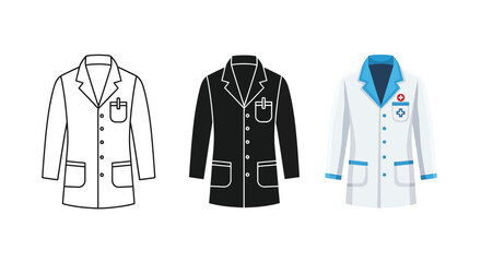 Three depictions of doctor s lab coats varying in color and style silhouette