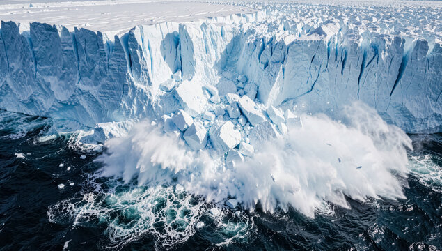 Massive arctic glacier cliff collapsing falling ocean water extreme global warming climate change environmental disaster splash danger ice landscape