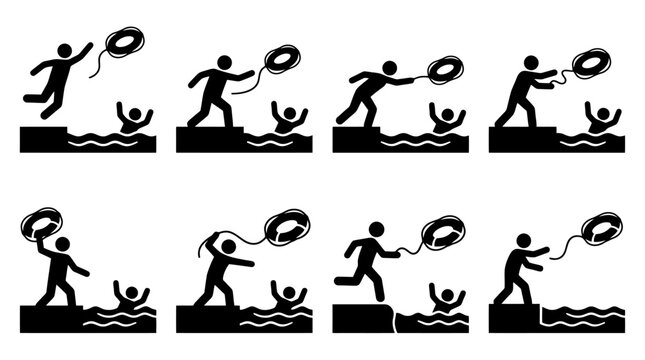 Sequence of illustrations showing a person throwing a life preserver to someone in the water.