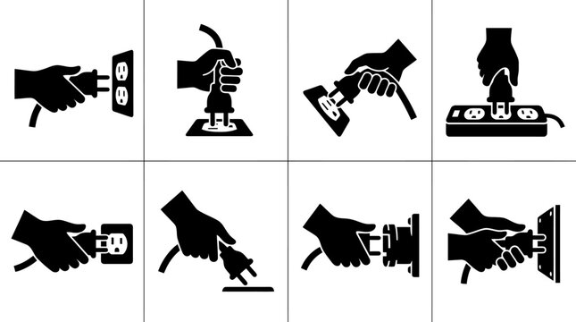 Illustrations showing correct and incorrect ways to plug and unplug electrical devices from wall outlets and power strips.
