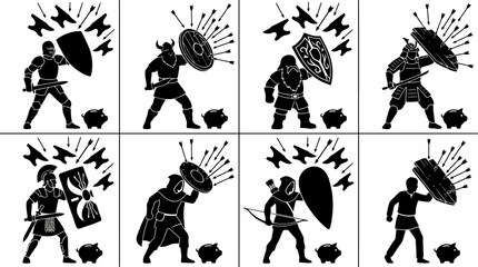 Obraz premium Collection of eight stylized black and white illustrations depicting various fantasy warriors defending themselves with shields against incoming projectiles, each standing before a piggy bank.