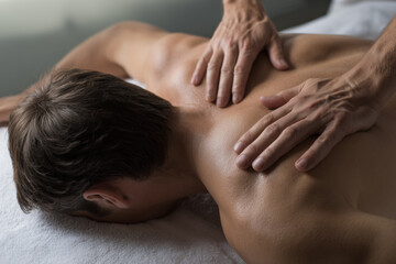 Man receiving back massage on treatment table, close-up rear view; male massage therapy session, spa wellness treatment