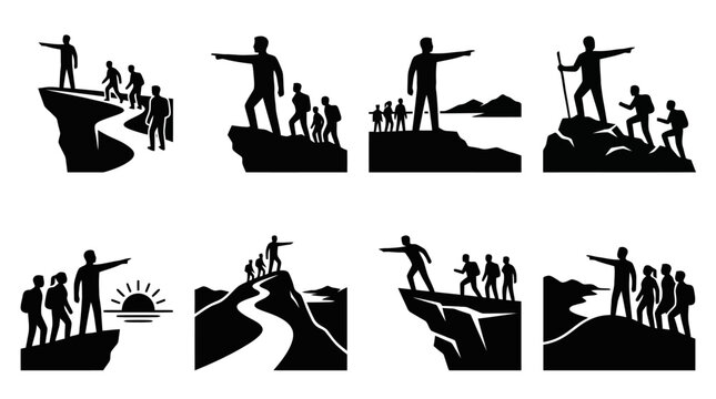 Silhouettes of hikers on mountain peaks pointing towards the horizon, symbolizing adventure and teamwork.