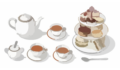 English afternoon tea set top-down hand-drawn vector illustration teapot teacup pastries and sandwiches isolated on white