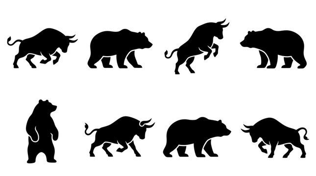 Collection of black silhouettes of bulls and bears in various dynamic poses, representing market trends.