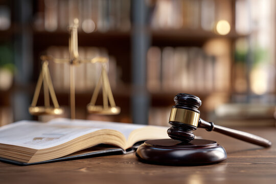 Judge's gavel and open law book on wooden desk with scales of justice in blurred law library background; legal concept close-up, courtroom symbol