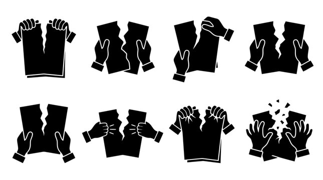 Collection of black silhouette icons depicting hands tearing paper in various stages of destruction.