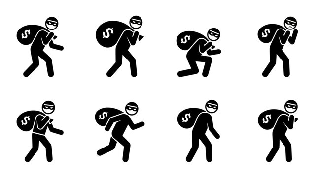 Eight black stick figures depicting masked thieves carrying bags with dollar signs, in various poses of walking, running, and crouching.