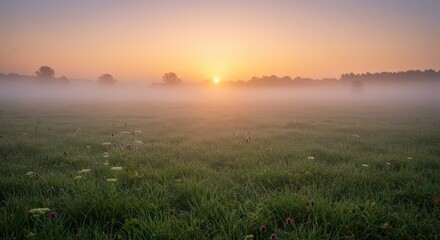 Obraz premium Golden sunrise illuminates thick layer of mist settling over a dew-covered grassy meadow