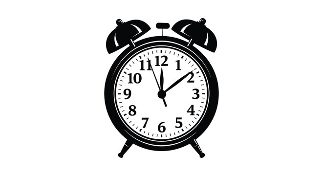 A black and white illustration of a classic alarm clock showing approximately 1 55
