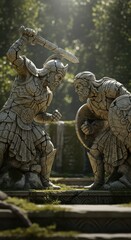 Fototapeta premium Fierce Battle Between Two Ancient Stone Warriors in Lush Forest