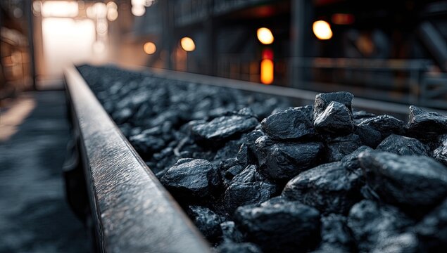 Conveyor belt transporting large quantities of black coal in an industrial setting.